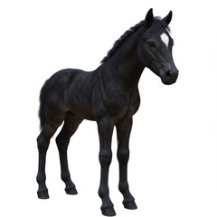 A realistic 3D rendering of a black baby horse looking at the camera on a white background with a playful and curious mood

