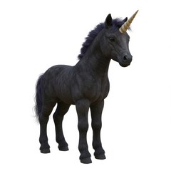 A realistic 3D rendering of a black baby unicorn looking at the camera on a white background with a playful and curious mood

