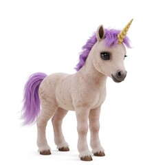 A realistic 3D rendering of a baby unicorn looking at the camera on a white background with a playful and curious mood


