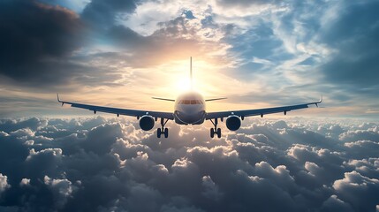 Naklejka premium Airplane flying through clouds at sunset. Concept of travel, journey, and adventure.