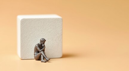 Tiny Man Thinking Outside The Box For Ideas Pastel Orange Background