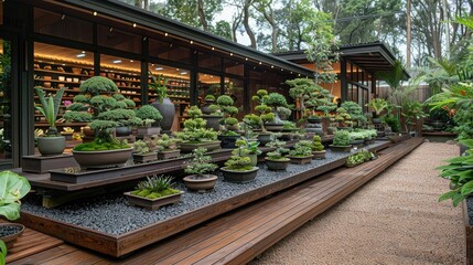A serene bonsai garden showcasing various bonsai trees and a modern wooden structure.