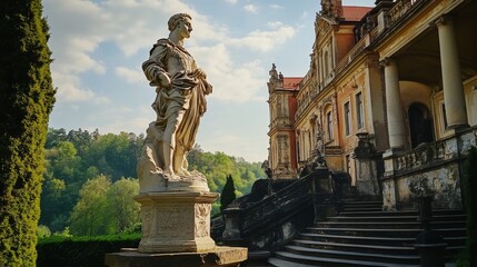 Obraz premium Ksiaz, Poland -16 october 2024: stone statue in Roman style from the 19th century at Ksiaz Castle, Poland