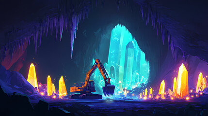 Illuminated excavator mining glowing crystals in a dark, cavernous setting. Cavernous. Illustration