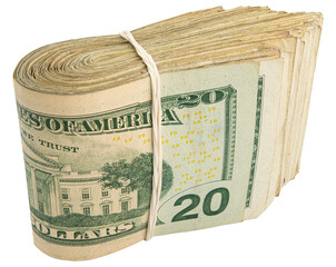 20$ bills. Stack of twenty American bills. Cash wad roll. Money rolled in half with rubber band....
