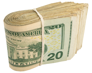 20$ bills. Stack of twenty American bills. Cash wad roll. Money rolled in half with rubber band. Green USA bank notes. USD banking saving. Paper money note. Business success. Rich. Isolated background