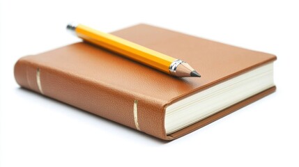 Brown book with pencil on top, isolated.