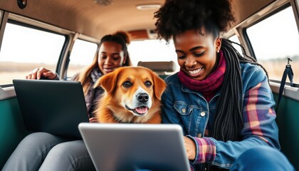 Two friends enjoy a cozy road trip with their cheerful dog while working on laptops inside a vintage van