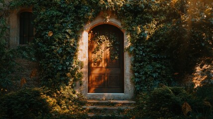 Ivy-covered door with light.