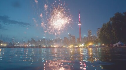 Fireworks illuminate the Toronto skyline at dusk over a tranquil waterfront.