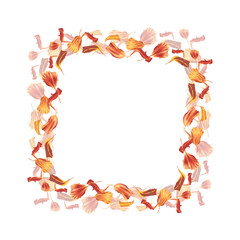 Frame of petals of orange-red marigolds. Ornament from a watercolor illustration. Bright part of the Tagetes flower for tea, oils, cosmetics. Square banner, road of flying petals. Floral template
