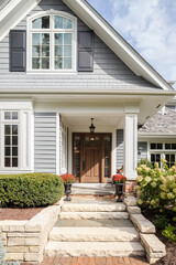 A front door and covered porch detail on a home with grey siding, white trim, red brick, a wooden front door.