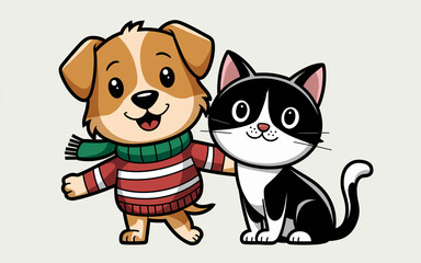 Fototapeta premium Cute Cartoon Dog and Cat Best Friends