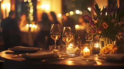 In a restaurant setting, a luxurious dinner meet immerses viewers in the cozy ambiance of a bustling luxury restaurant. Background with blurred flowers and candles 