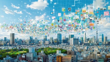 Digital data stream over cityscape.