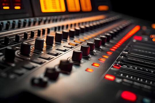 Mixing console with faders and knobs in a professional recording studio