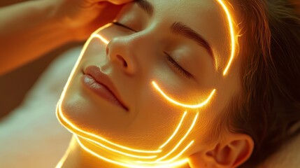 Anti-aging facial massage being performed on a young woman with massage lines drawn on her face, promoting skin elasticity and smoothness.