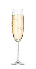 Champagne in glass isolated on white. Sparkling wine