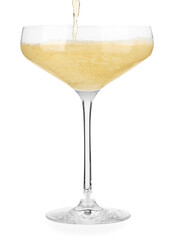 Pouring champagne into glass isolated on white