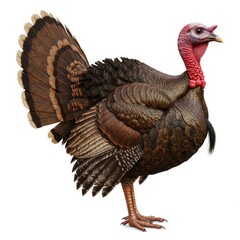 A realistic 3D rendering of a turkey looking at the camera on a white background

