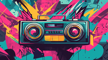 Retro Boombox Graffiti Art  80s Music  Vintage Stereo  Colorful Abstract Background
