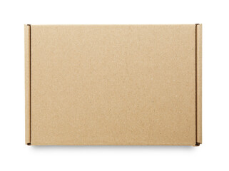One closed cardboard box isolated on white, top view. Mockup for design