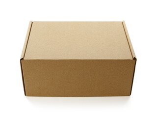 One closed cardboard box isolated on white. Mockup for design