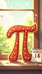 Whimsical Pi Day celebration scene featuring decorated mathematical Pi symbol cookie beside March 14 calendar with spring flowers on sunny windowsill