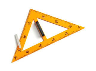 Triangle ruler and chalk isolated on white, top view