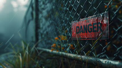 A rusty "danger" sign next to an abandoned road