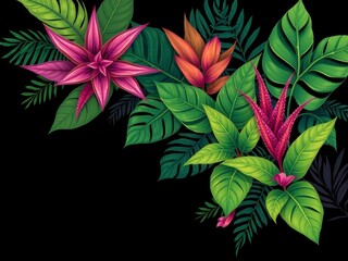 Obraz premium Abstract dark pattern featuring exotic leaves in a variety of shapes and sizes on a black background, vibrant, exotic plants, foliage