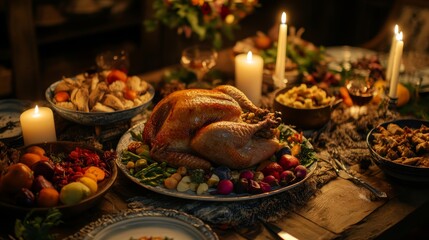 Fototapeta premium A festive Thanksgiving table with turkey, vegetables, and candles. Thanksgiving feast with turkey, colorful vegetables, and warm candles. Cozy Thanksgiving dinner setting. Thanksgiving turkey dinner.