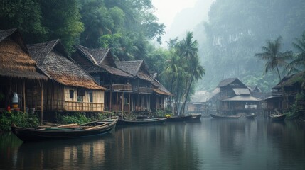 Fototapeta premium Riverside village with wooden homes, lush foliage, and boats.