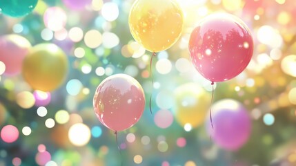Set of colorful realistic mat helium balloons floating on blurred colorful background. balloons for birthday, party, wedding or promotion banners or posters. Vivid illustration in pastel colors. copy
