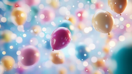 Set of colorful realistic mat helium balloons floating on blurred colorful background. balloons for birthday, party, wedding or promotion banners or posters. Vivid illustration in pastel colors. copy