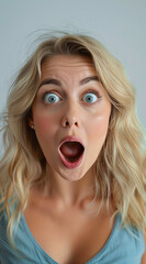A young woman looks dumbfounded with her mouth open and eyes bulging, expressing surprise at marketing and sales news such as discounts or new products. Marketing and sales theme.