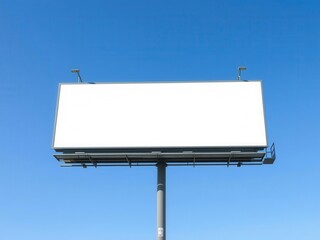Obraz premium A realistic outdoor poster mockup featuring a blank billboard against a clear blue sky, perfect for showcasing advertising designs or branding concepts, sky, poster