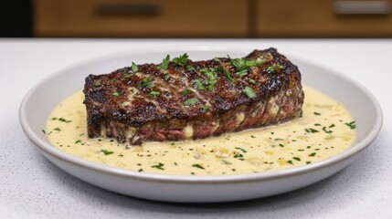 A grilled steak rests on a bed of creamy sauce, topped with fresh herbs, presented on a stylish plate in a contemporary kitchen, capturing a moment of culinary delight