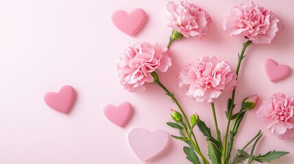 Naklejka premium Show your appreciation this Mother's Day with a stunning postcard arrangement featuring pink carnations, and heart-shaped papers on a pastel pink background