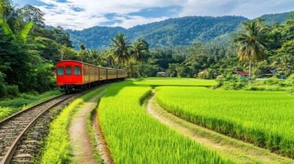 Train Passing Through Lush Rice Fields in Rural Setting