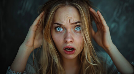 Fototapeta premium A young woman looks dumbfounded with her mouth open and eyes bulging, expressing surprise at marketing and sales news such as discounts or new products. Marketing and sales theme.