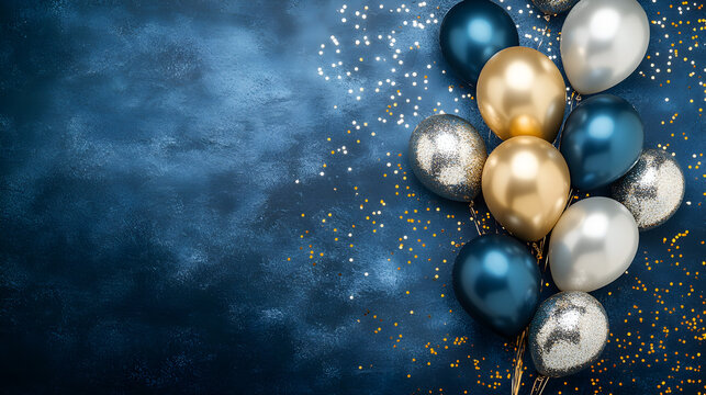 un fondo azul con destellos de luces doradas con espacio de copia para tarjeta o invitacion con globos decorativos elegantes para a&ntilde;o nuevo o cumplea&ntilde;os