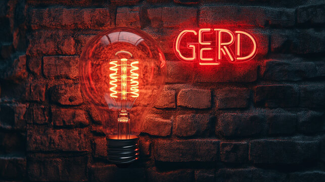 Glowing Edison Bulb   Neon GERD Sign on Brick Wall