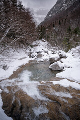 Snowy River Stream in Ordesa Valley, Pyrenees Winter Landscape