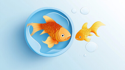 Naklejka premium Two Goldfish One in a Bowl Aquatic Life Underwater Scene Paper Art Style