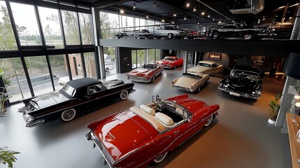 Modern Automotive Showroom with Sleek Cars Displayed Under Bright, Elegant Lighting