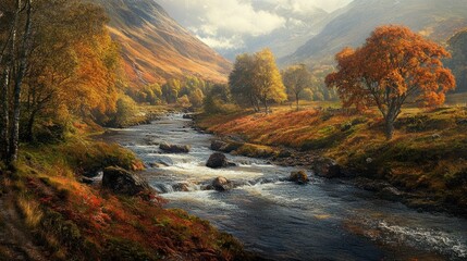 Autumn river flows through valley.