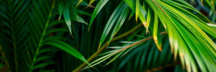 Close up of vibrant green palm leaf texture, natural tropical pattern, exotic, natural, foliage