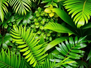 Obraz premium Close up of vibrant green tropical palm leaves, foliage, vibrant, environment