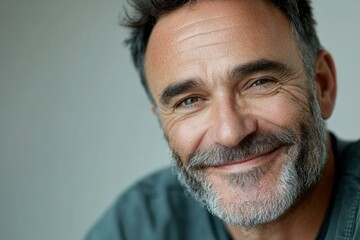 Fototapeta premium Smiling man with a warm expression showcases happiness and contentment in a softly lit indoor setting during a relaxed moment